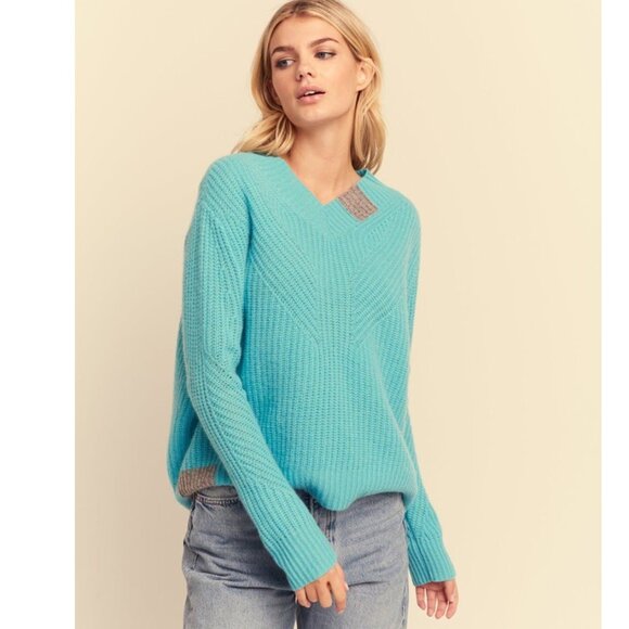 Lisa Todd 100% Cashmere Turquoise Blue Boxy Ribbed Knit Sweater Size Medium - Picture 1 of 10
